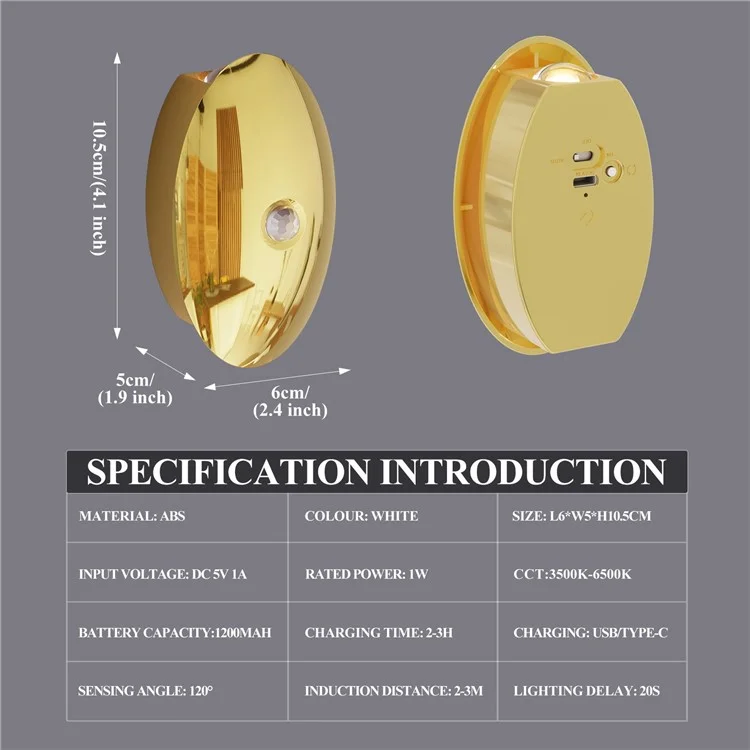 SWL02 Wireless LED Night Light No Drilling 3 Color Temperatures Motion Sensor Rechargeable Lamp for Staircase - Gold