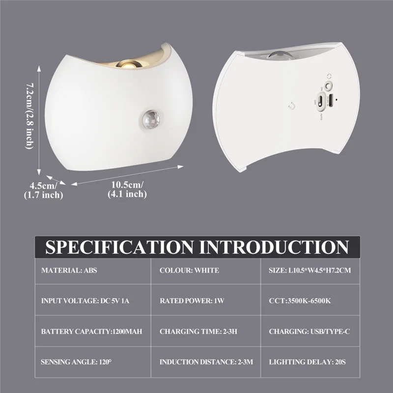 SWL005 Magnetic Rechargeable LED Wall Light No Drilling Motion Sensor Minimalist Stair Lamp - White