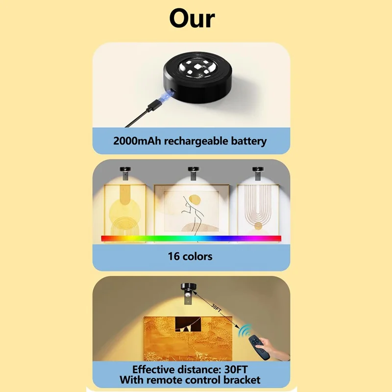 3Pcs Circular Lens Oil Painting Light Remote Control RGB Ambiance Cabinet Lamp with Timer - Black