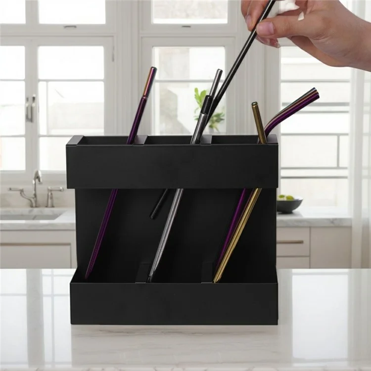 YH018-2 3 Slots Metal Straw Dispenser Organizer Rack Space Saving Kitchen Storage Shelf (With 9 Soft Magnetic Sheet)