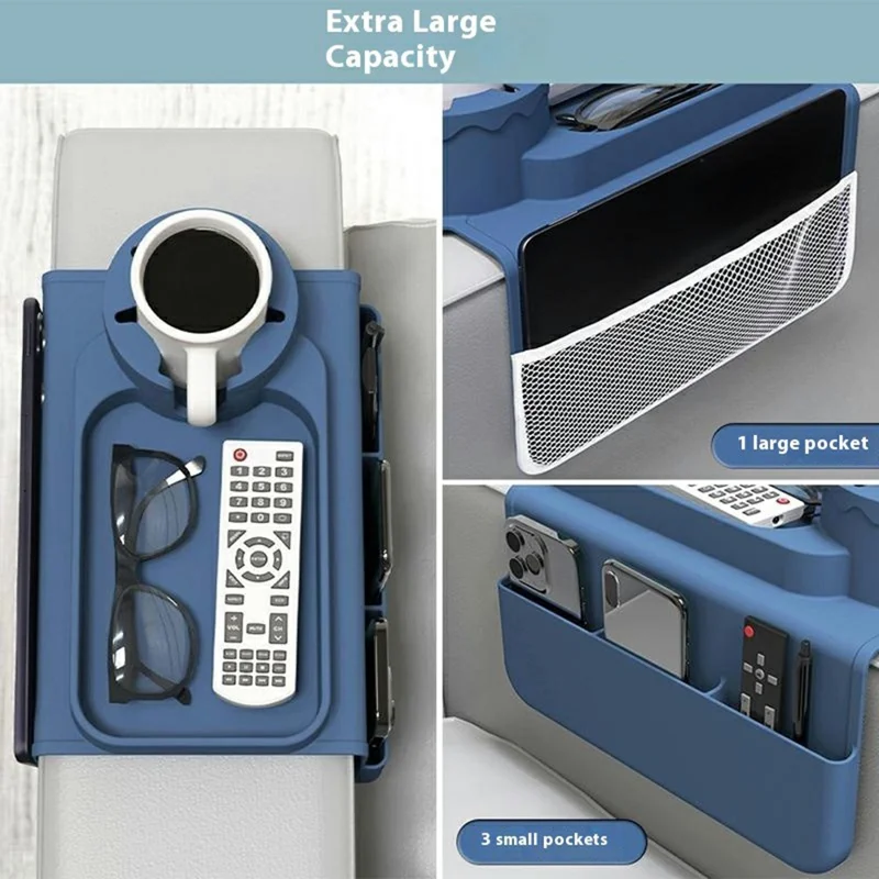 Support de Boisson en Silicone pour Canapé, Plateau Multifonction Accoudoir avec Pochettes Latérales - Bleu Foncé