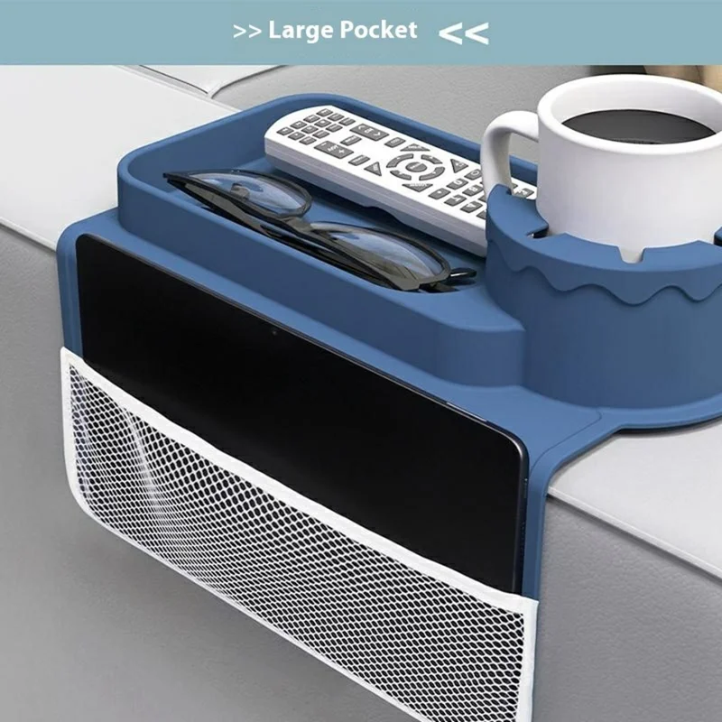 Support de Boisson en Silicone pour Canapé, Plateau Multifonction Accoudoir avec Pochettes Latérales - Bleu Foncé