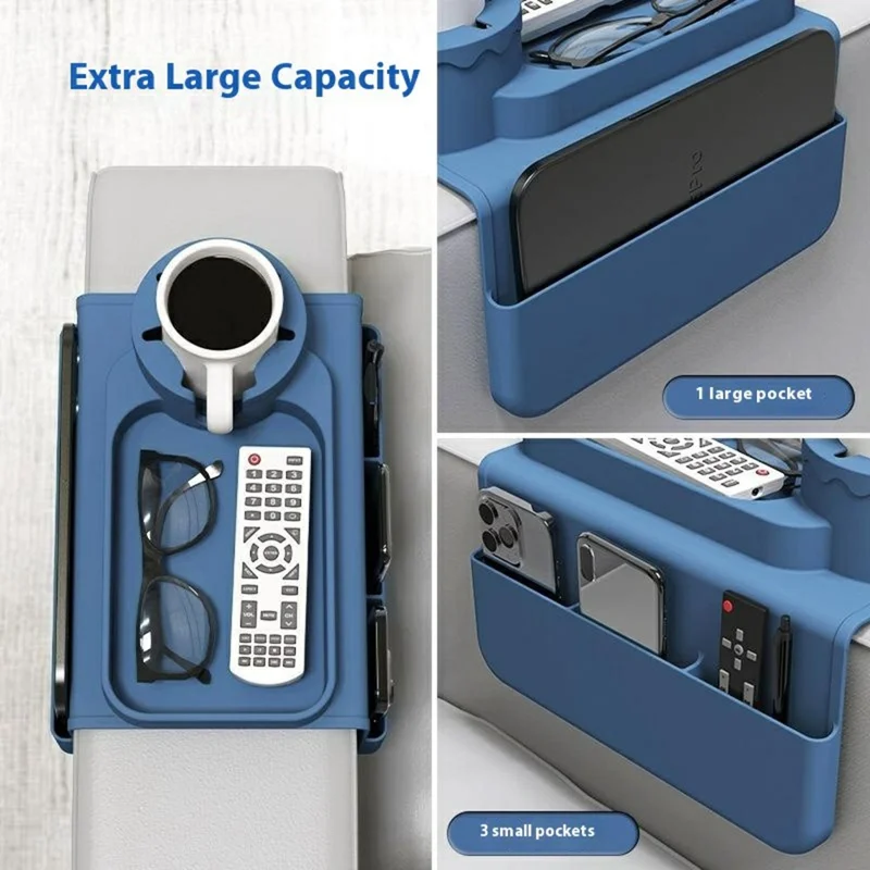 Support de Boisson en Silicone pour Canapé, Plateau Multifonction Accoudoir avec Pochettes Latérales - Bleu Foncé