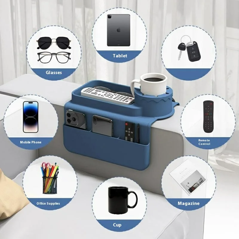 Support de Boisson en Silicone pour Canapé, Plateau Multifonction Accoudoir avec Pochettes Latérales - Bleu Foncé