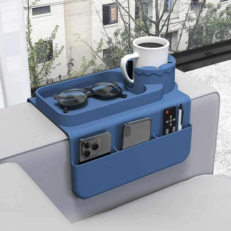 Support de Boisson en Silicone pour Canapé, Plateau Multifonction Accoudoir avec Pochettes Latérales - Bleu Foncé