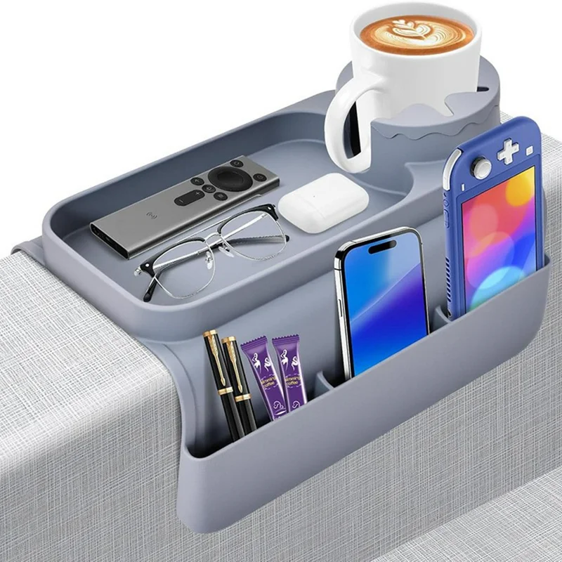 Support de Boisson en Silicone pour Canapé, Plateau Multifonction Accoudoir avec Pochettes Latérales - Bleu Foncé