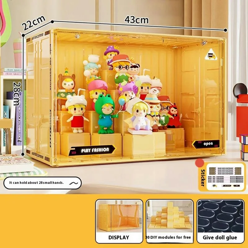 Taille XL Présentoir Modulaire DIY Boîte de Rangement en Plastique pour Figurines de Blind Box avec Porte Magnétique - Jaune