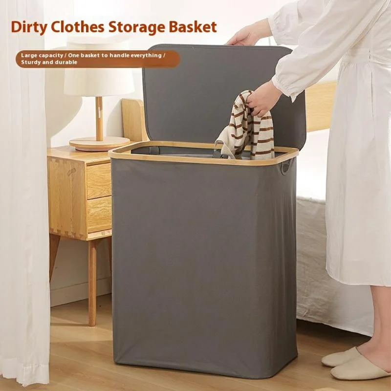 Panier à linge pliable en tissu Oxford 600D taille XL avec cadre en bambou et couvercle - Gris