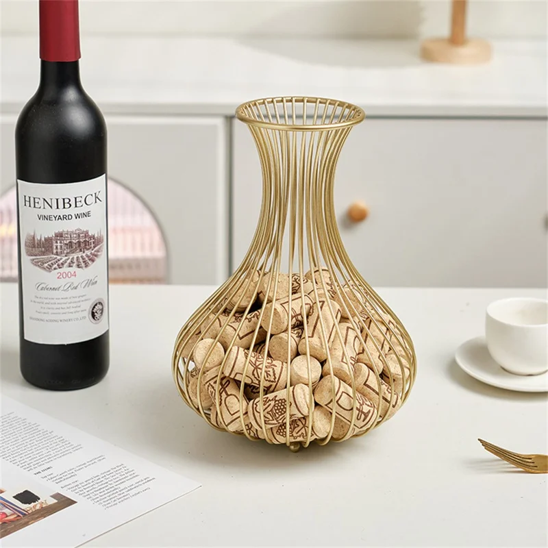 Cesta de almacenamiento de corchos de vino, arte en hierro, colector de tapones de botella, organizador de decoración de bar - Dorado
