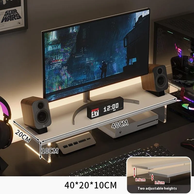 Suporte para Monitor de Mesa D55 de 40cm, Altura Ajustável, MDF + Acrílico, Elevador para Laptop com Prateleira de Armazenamento - Branco