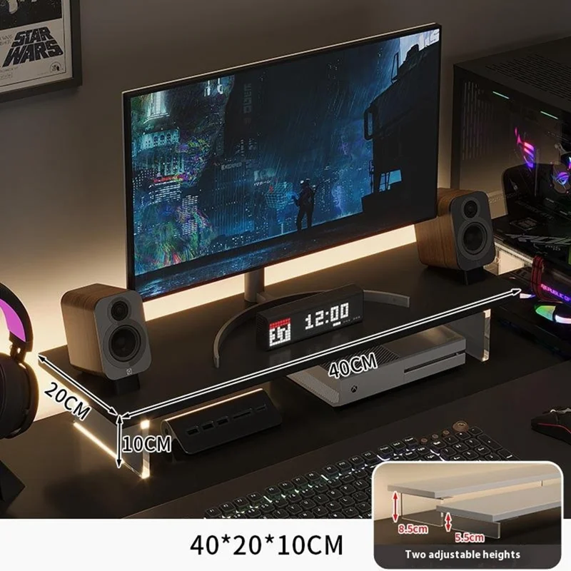 D55 40cm Length Desktop Monitor Stand Adjustable Height MDF + Acrylic Laptop Riser Storage Shelf - Black