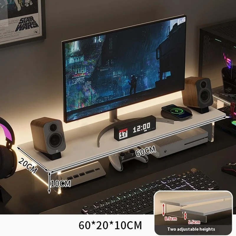 Suporte para Monitor de Mesa D55 de 60 cm de Comprimento, Altura Ajustável, Prateleira de Armazenamento em MDF + Acrílico para Laptop - Branco