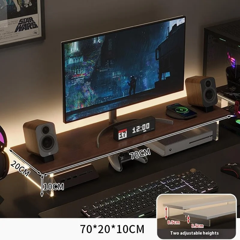 Support de moniteur de bureau D55 de 70 cm de long, réglable en hauteur, en MDF + acrylique, avec étagère de rangement - Noyer