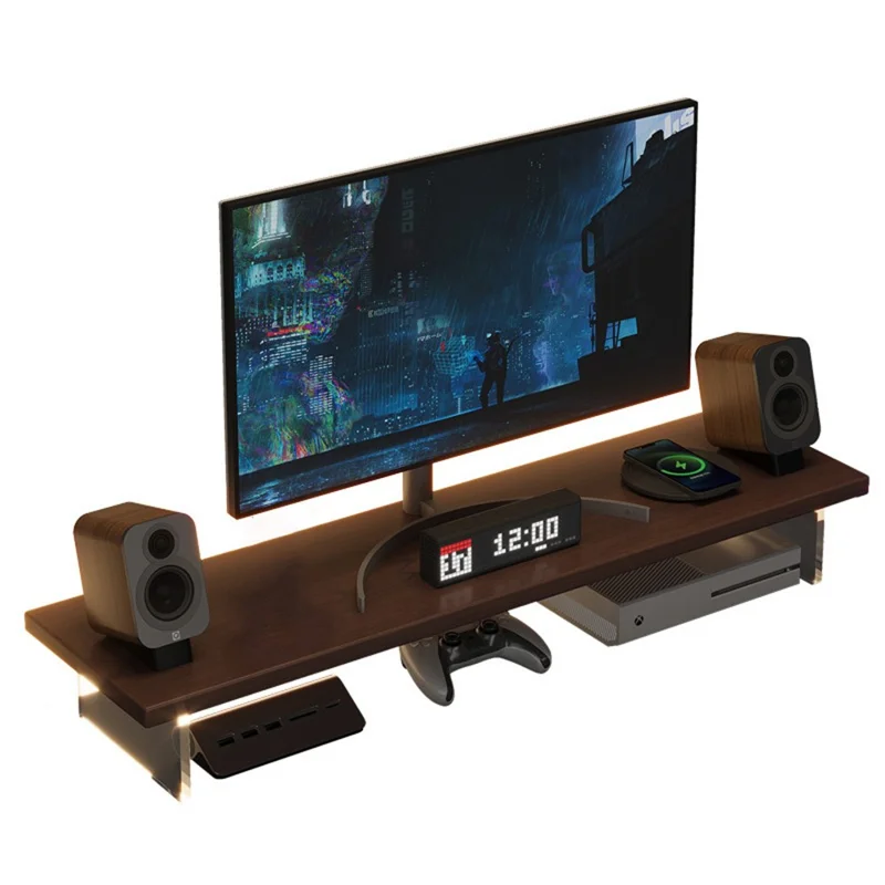 Suporte para Monitor de Mesa D55 de 80 cm de Comprimento, Altura Ajustável, MDF + Acrílico, Organizador de Laptop - Nogueira