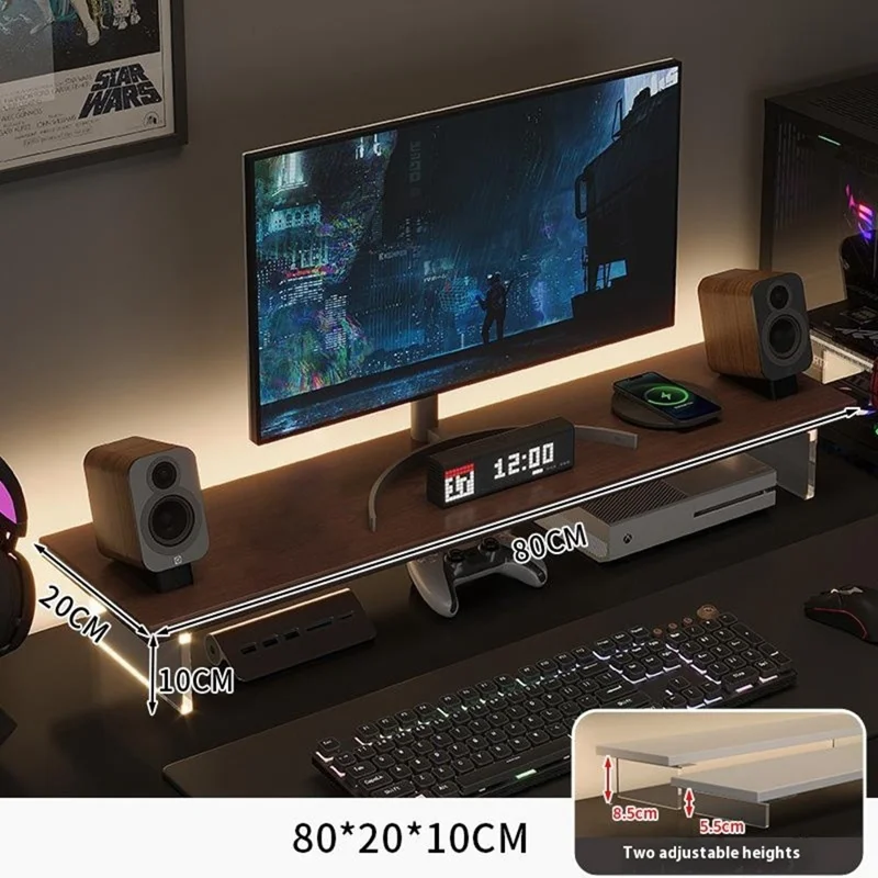 Suporte para Monitor de Mesa D55 de 80 cm de Comprimento, Altura Ajustável, MDF + Acrílico, Organizador de Laptop - Nogueira