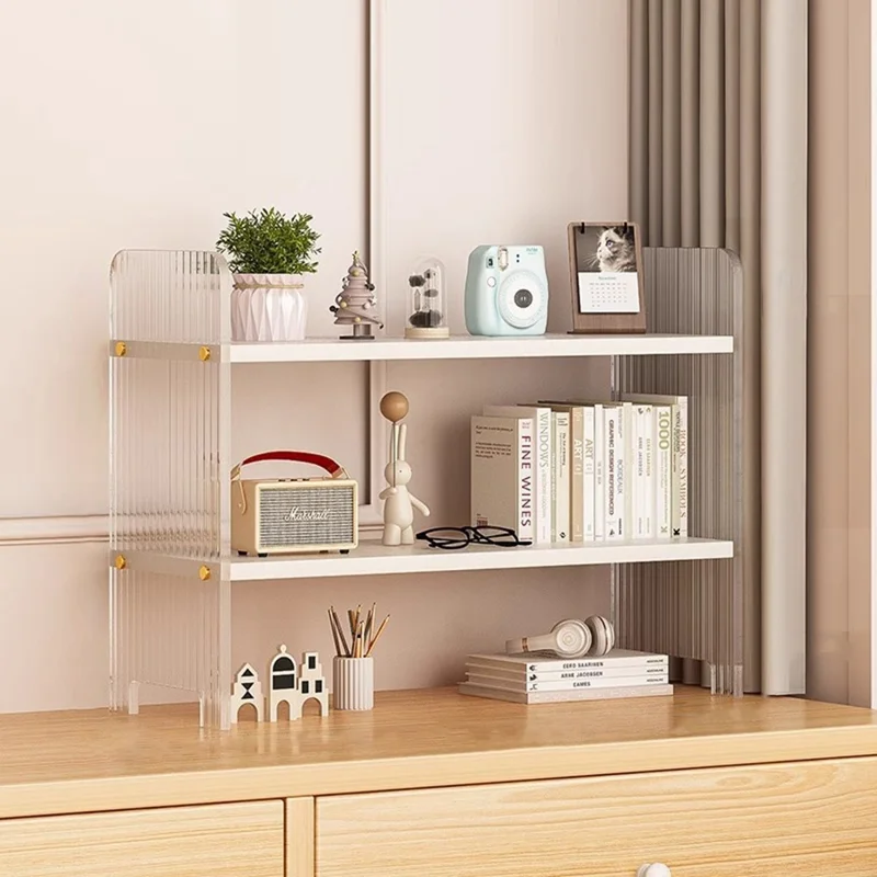 D123 Dual Layer Storage Shelf Wave Texture Acrylic + MDF Desktop Organizer for Office Home - White