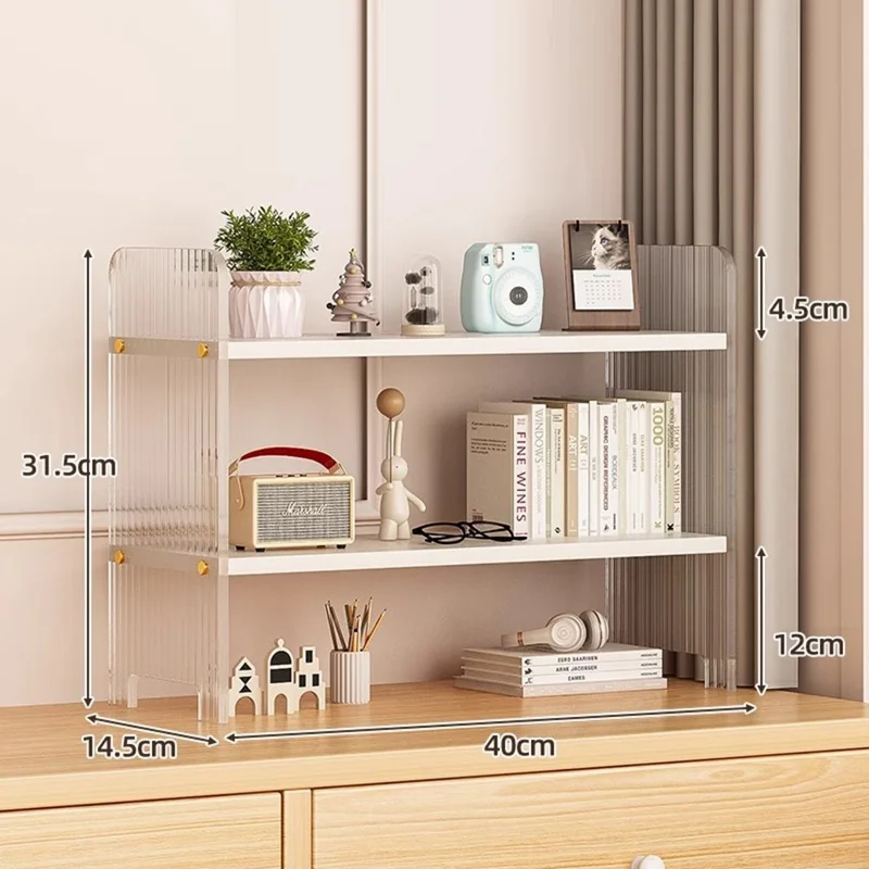 D123 Dual Layer Storage Shelf Wave Texture Acrylic + MDF Desktop Organizer for Office Home - White