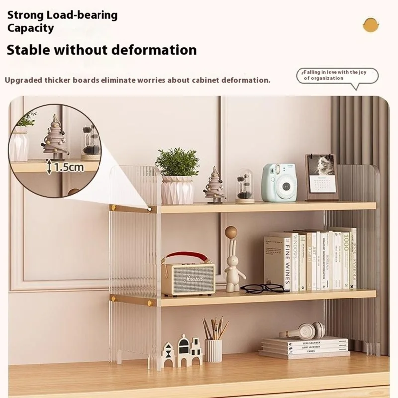 D123 Dual Layer Storage Shelf Wave Texture Acrylic + MDF Desktop Organizer for Office Home - White
