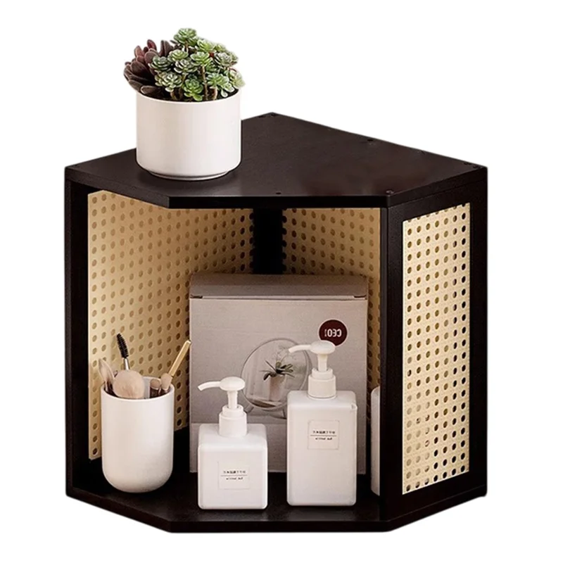 Étagère d'angle en bambou à design en maille - Table de chevet minimaliste étroite et mince - Armoire de nuit - Noir