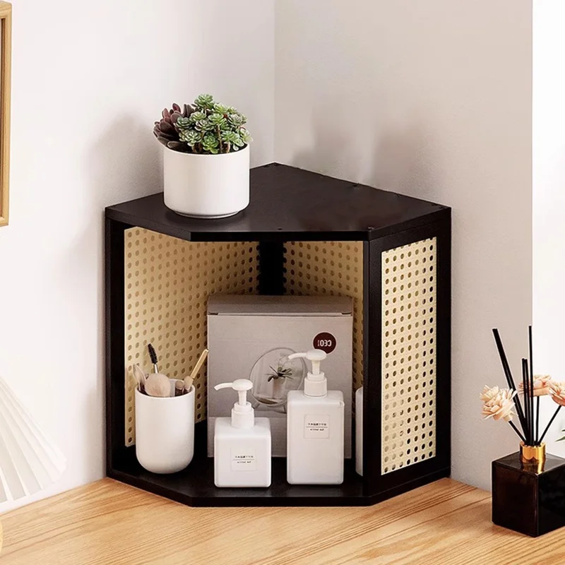 Étagère d'angle en bambou à design en maille - Table de chevet minimaliste étroite et mince - Armoire de nuit - Noir