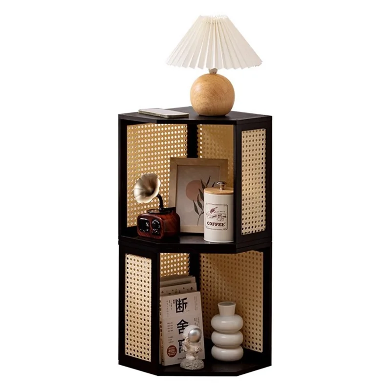 Étagère d'angle en bambou à design en maille - Table de chevet minimaliste étroite et mince - Armoire de nuit - Noir