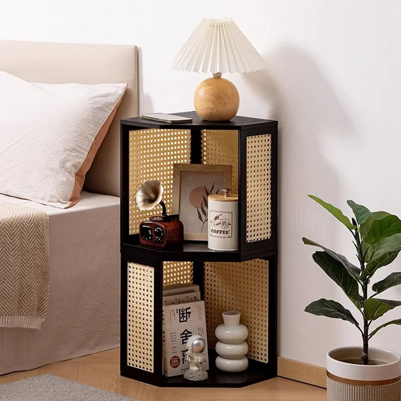 Étagère d'angle en bambou à design en maille - Table de chevet minimaliste étroite et mince - Armoire de nuit - Noir