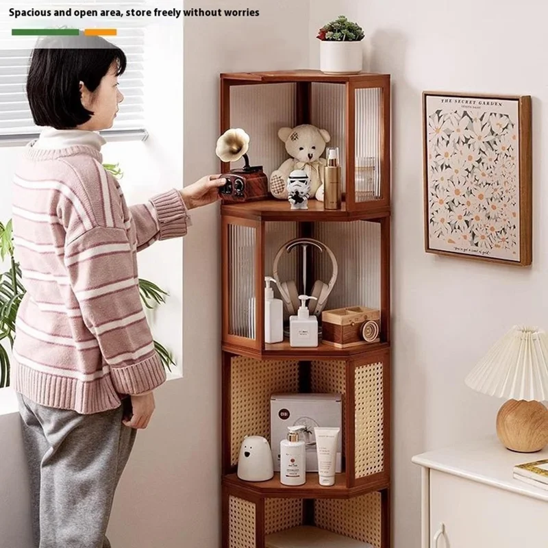 Étagère d'angle en bambou à design en maille - Table de chevet minimaliste étroite et mince - Armoire de nuit - Noir