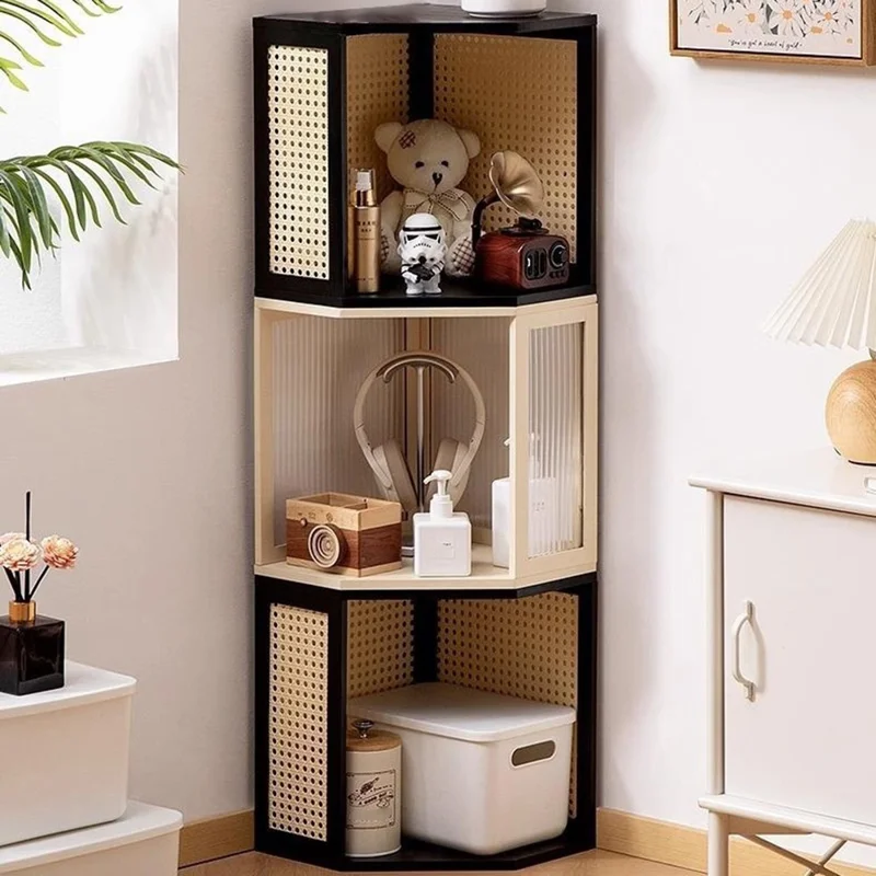 Étagère d'angle en bambou à design en maille - Table de chevet minimaliste étroite et mince - Armoire de nuit - Noir