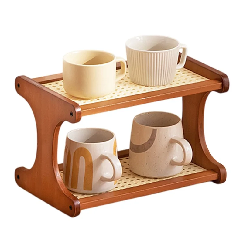 30cm Length Double Layer Tea Cup Storage Rack Bamboo Frame Imitation Rattan Countertop Organizer for Mugs - Tawny
