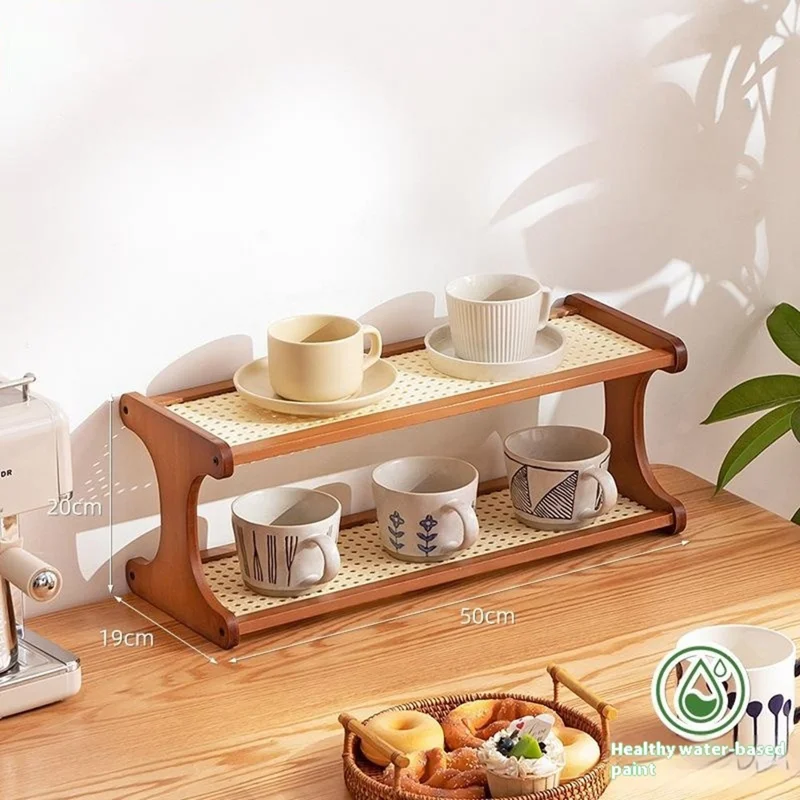 Suporte de Armazenamento para Xícaras de Chá de 50cm, Camada Dupla, Estrutura de Bambu, Organizador de Bancada em Imitação de Vime - Cor Bege