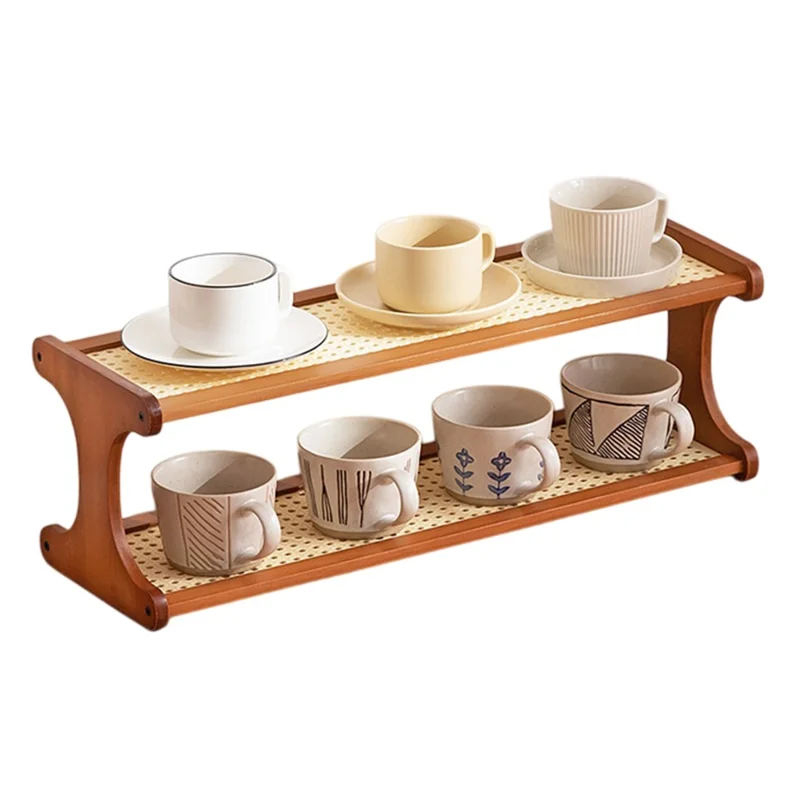 Bambus-Teebecher-Aufbewahrungsregal 2-stöckig 60 cm Theken-Becherhalter Organizer Rattan-Stil Präsentationsregal - Braun