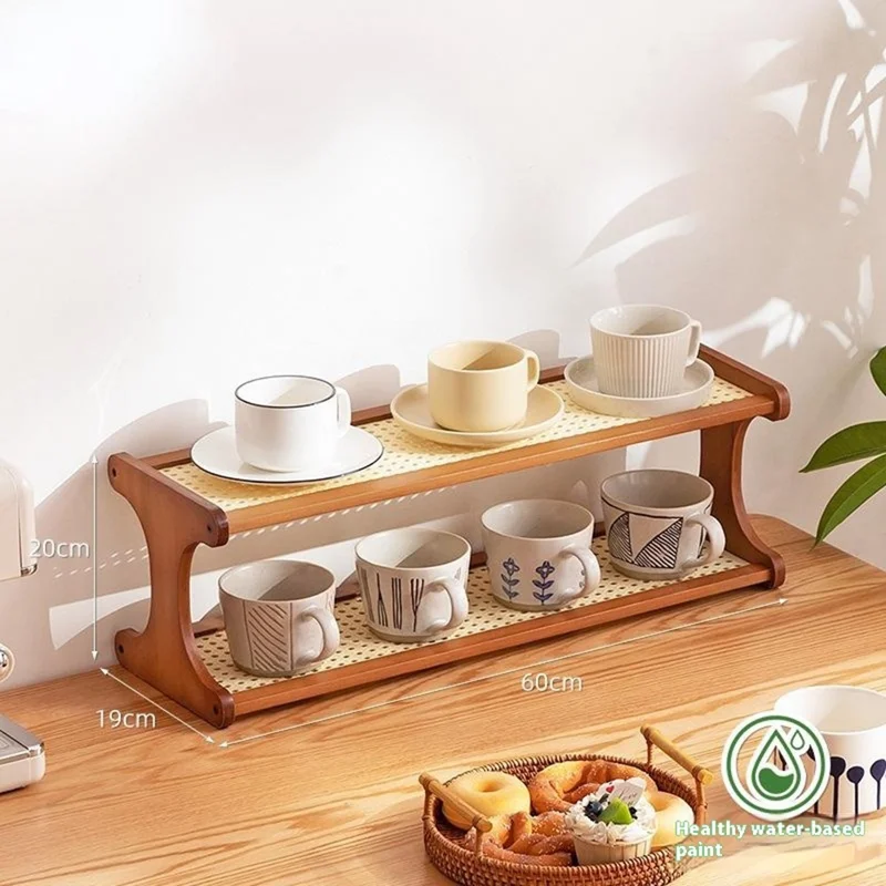 Bambus-Teebecher-Aufbewahrungsregal 2-stöckig 60 cm Theken-Becherhalter Organizer Rattan-Stil Präsentationsregal - Braun