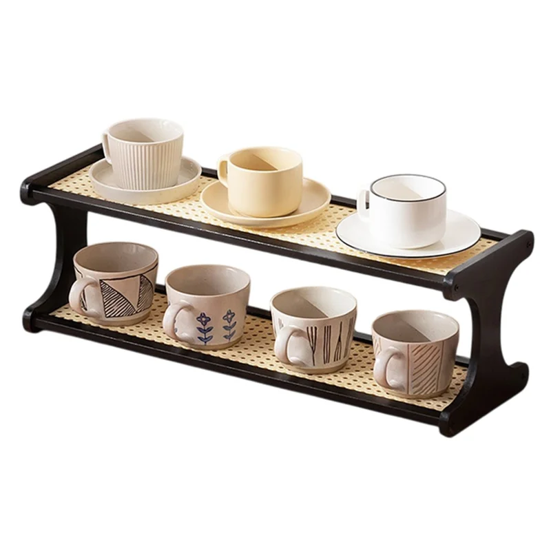 371DGNZWJ-18 Bamboo Tea Cup Storage Rack 2-Tier 60cm Countertop Cups Holder Organizer Rattan-Style Display Shelf - Black