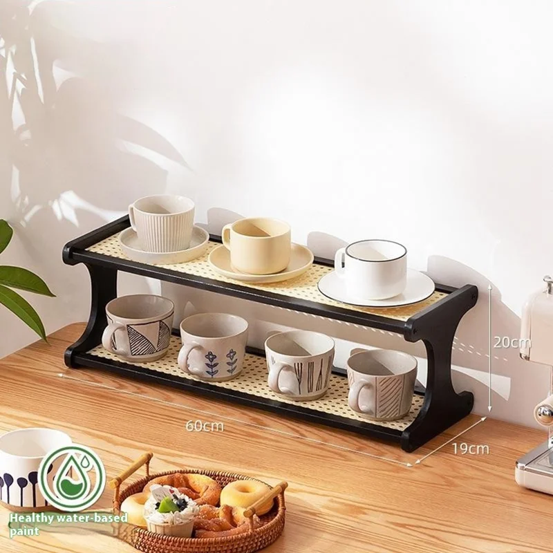 371DGNZWJ-18 Bamboo Tea Cup Storage Rack 2-Tier 60cm Countertop Cups Holder Organizer Rattan-Style Display Shelf - Black