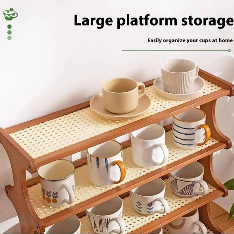 371DGNZWJ-18 Bamboo Tea Cup Storage Rack 2-Tier 60cm Countertop Cups Holder Organizer Rattan-Style Display Shelf - Black