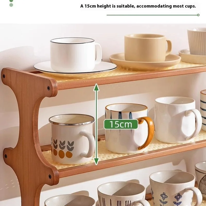 371DGNZWJ-18 Bamboo Tea Cup Storage Rack 2-Tier 60cm Countertop Cups Holder Organizer Rattan-Style Display Shelf - Black
