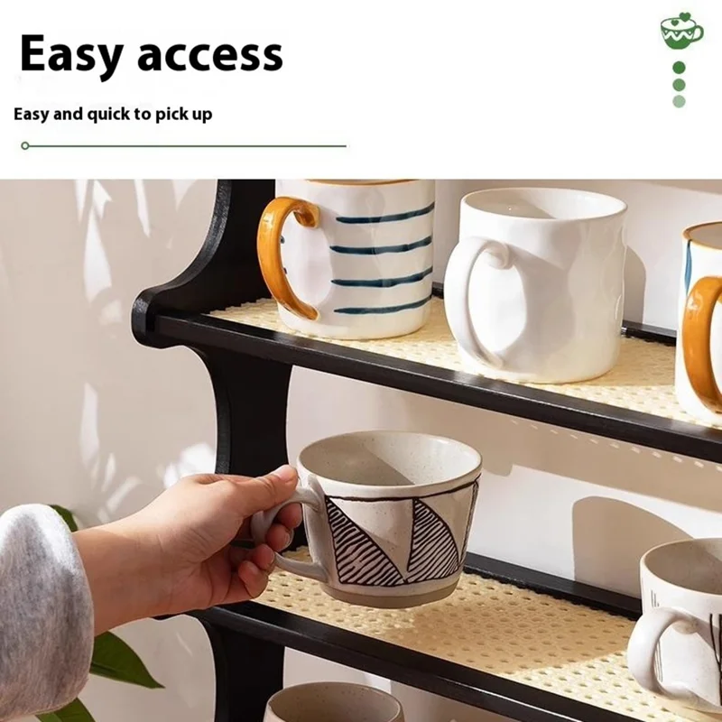 371DGNZWJ-18 Bamboo Tea Cup Storage Rack 2-Tier 60cm Countertop Cups Holder Organizer Rattan-Style Display Shelf - Black
