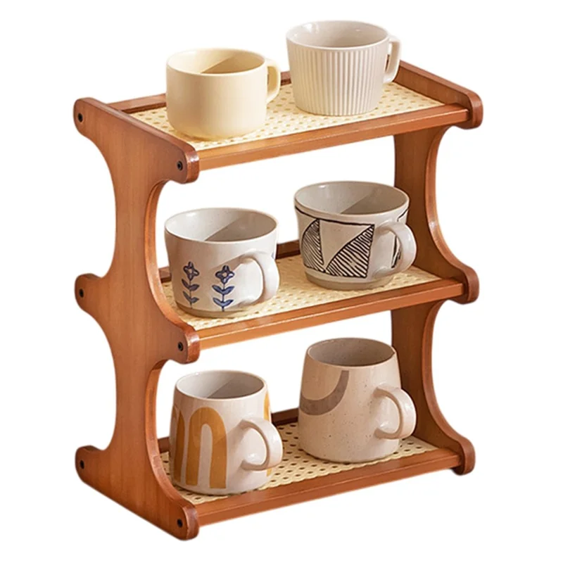 Étagère de rangement en bambou pour tasses à 3 niveaux de 30 cm, support de rangement de tasses style rotin - Marron