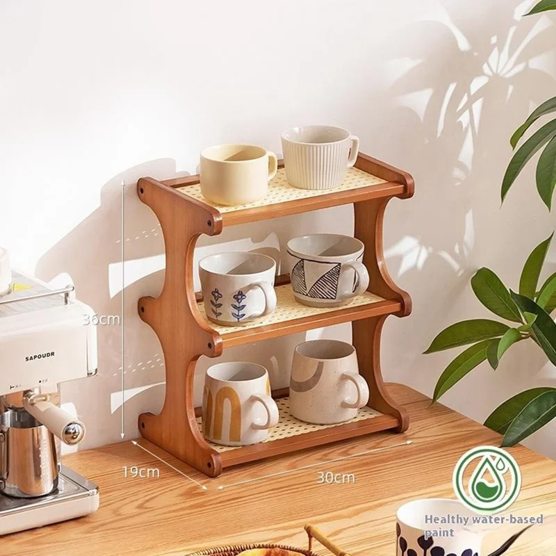 Étagère de rangement en bambou pour tasses à 3 niveaux de 30 cm, support de rangement de tasses style rotin - Marron