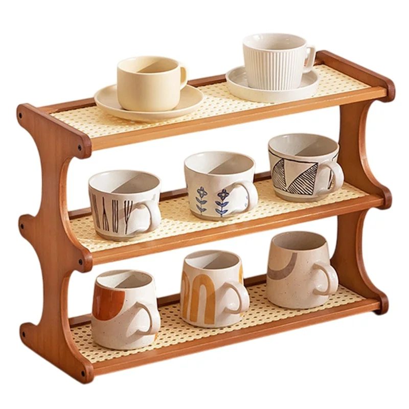 3-stöckiges Bambus-Teebecher-Aufbewahrungsregal 50 cm Arbeitsplatten-Becherhalter Organizer Rattan-Stil Regal - Braun