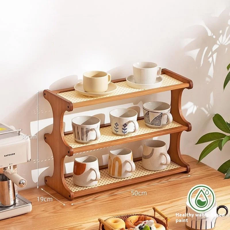 3-stöckiges Bambus-Teebecher-Aufbewahrungsregal 50 cm Arbeitsplatten-Becherhalter Organizer Rattan-Stil Regal - Braun