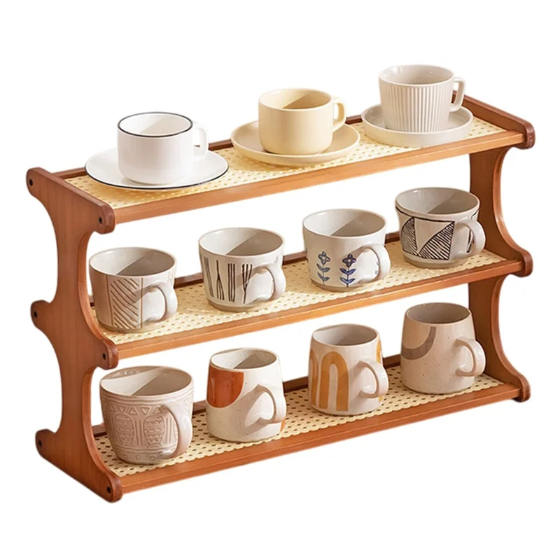 Bambus Teetasse Aufbewahrungsregal 3-stöckig 60cm Arbeitsplatten-Becherhalter Organizer Rattan-Stil Präsentationsregal - Braun