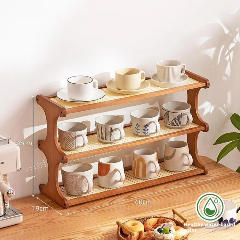 Bambus Teetasse Aufbewahrungsregal 3-stöckig 60cm Arbeitsplatten-Becherhalter Organizer Rattan-Stil Präsentationsregal - Braun