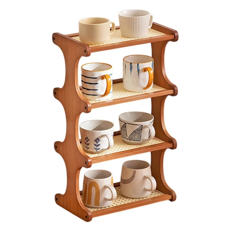 Suporte de Armazenamento para Copos de Chá em Bambu - Prateleira Organizadora de 4 Níveis de 30 cm para Copos, Estilo Rattan - Marrom