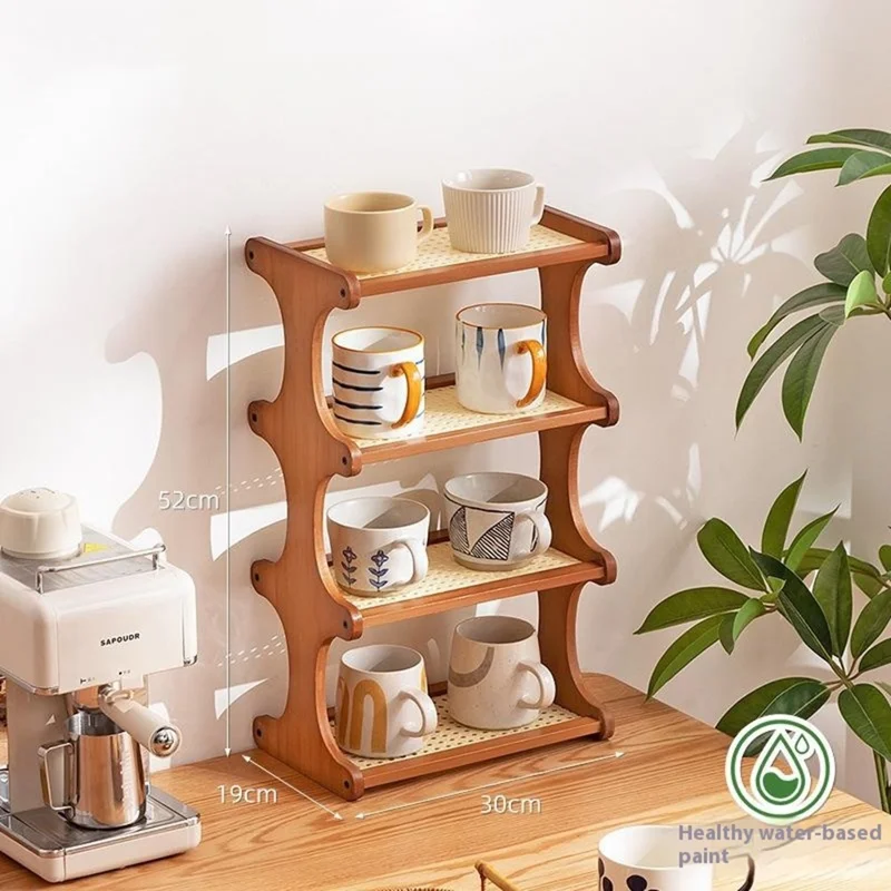 Suporte de Armazenamento para Copos de Chá em Bambu - Prateleira Organizadora de 4 Níveis de 30 cm para Copos, Estilo Rattan - Marrom