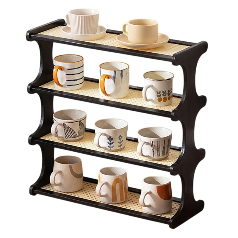 371DGNZWJ-23 Bamboo Tea Cup Storage Rack 4-Tier 50cm Countertop Cups Holder Organizer Rattan-Style Display Shelf - Black