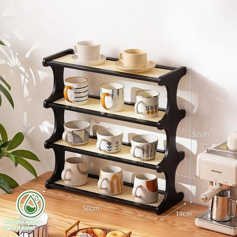 371DGNZWJ-23 Bamboo Tea Cup Storage Rack 4-Tier 50cm Countertop Cups Holder Organizer Rattan-Style Display Shelf - Black