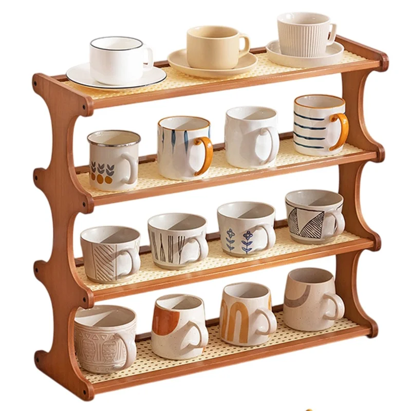 371DGNZWJ-09 60cm Length 4 Layers Tea Cup Storage Rack Bamboo Frame Imitation Rattan Countertop Organizer for Mugs - Tawny