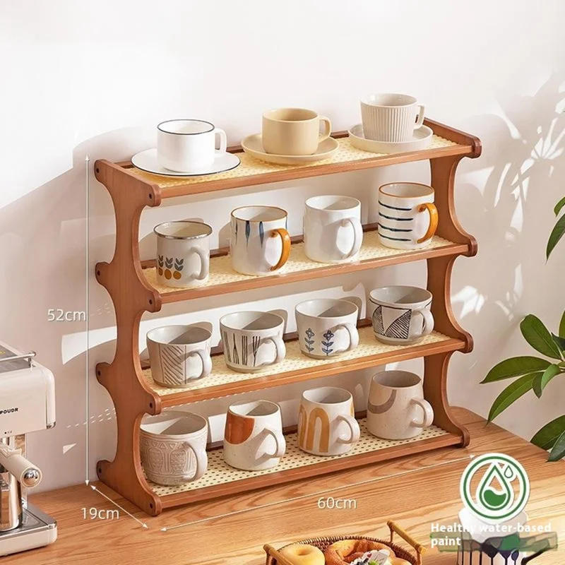 371DGNZWJ-09 60cm Length 4 Layers Tea Cup Storage Rack Bamboo Frame Imitation Rattan Countertop Organizer for Mugs - Tawny