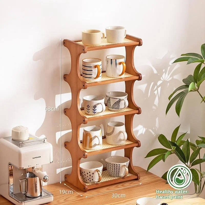 Suporte de Armazenamento para Xícaras de Chá de 30 cm, 5 Camadas, Estrutura de Bambu com Acabamento de Vime, Organizador de Bancada para Canecas - Marrom Claro